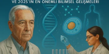 Yaşlanma karşıtı araştırmalar ve 2025’in en önemli bilimsel gelişmelerini temsil eden, DNA sarmalı ve laboratuvar çalışması içeren gerçekçi illüstrasyon